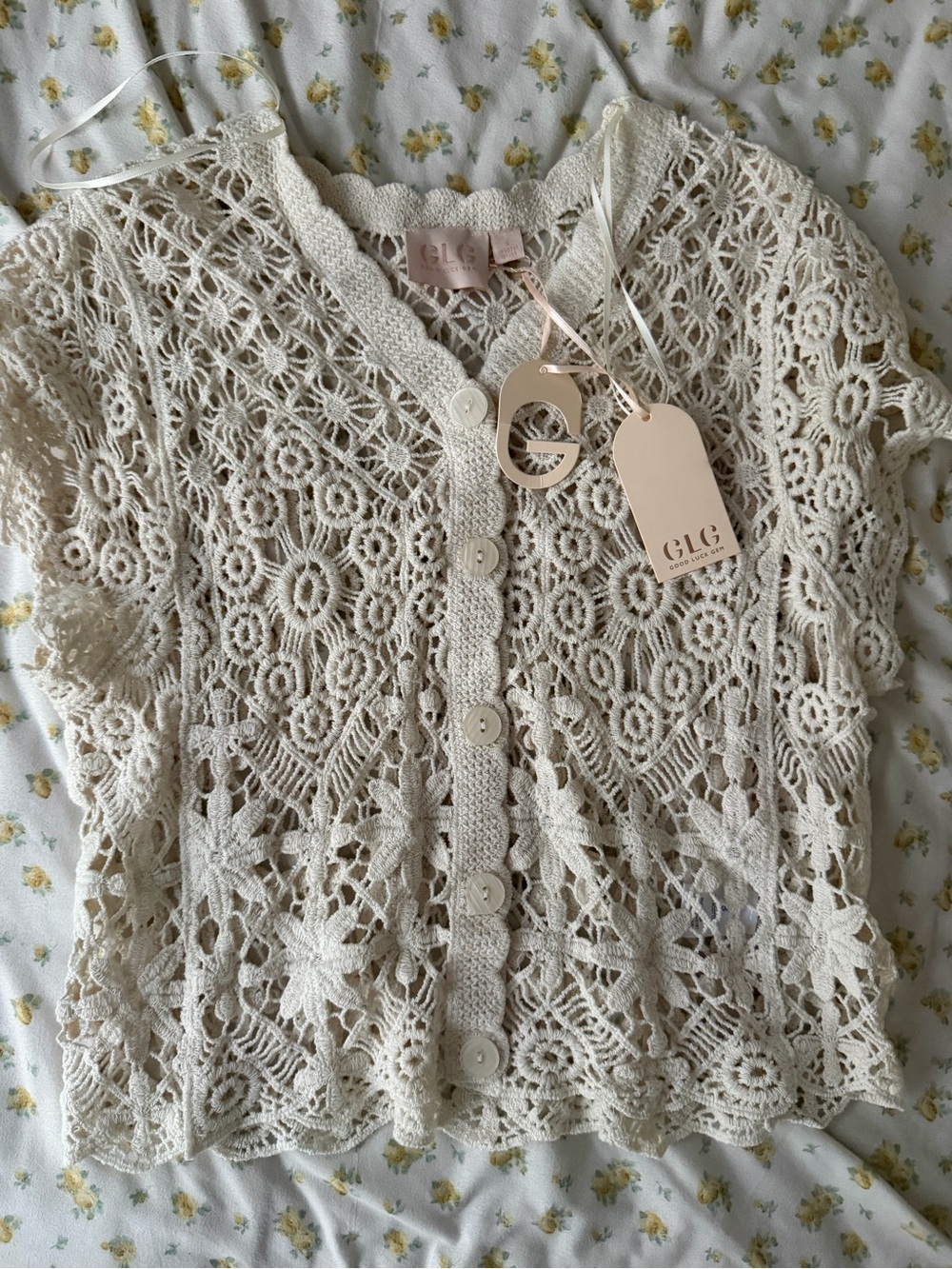 Good Luck Gem Cream Crochet Button-Up Top